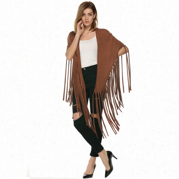 Finejo Stylish Ladies Long Tassel Fringe Cape Women Wrap Poncho Coat