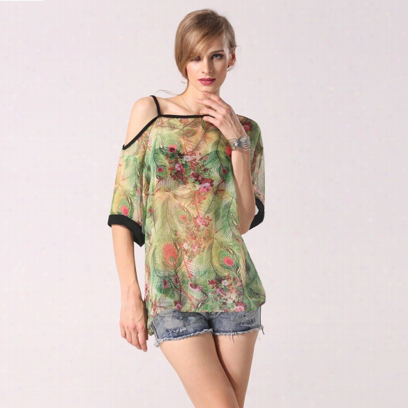 Finejo Women Sexy One Shoulder Mesh Chiffon Semi Sheer Peacock Printed Shirt Tops