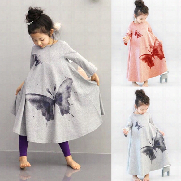 High Quality Girl Children Clkthing Girls Dreess Butterfly Print Long Design T-shirt Full-flared Drress