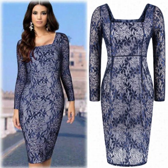 High Qhality Sexy  Women Lafe Crochet Bodycoon Dress High Waist Long Sleeve Cocktail Party Dress