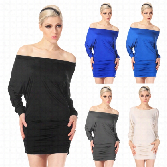 High Quality Stlyish Good Quality Lady Women O-neck Batwin Sleeve Side Drape Loose Casual Dress