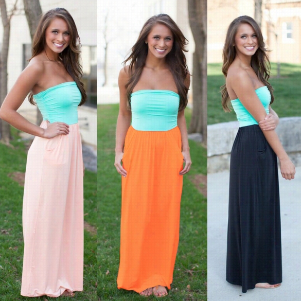 Hot Fashion Lady Women Sleeveless Pleatedd Strapless Party Maxi Long Ddress