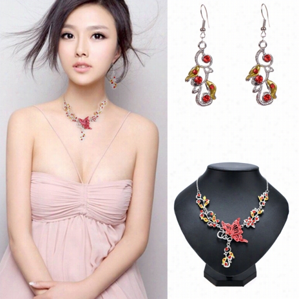 Hot Fashion Women Multiple Color Butterfly Silver Covered Rhinestone Necklace 1 Pair Earrings Set