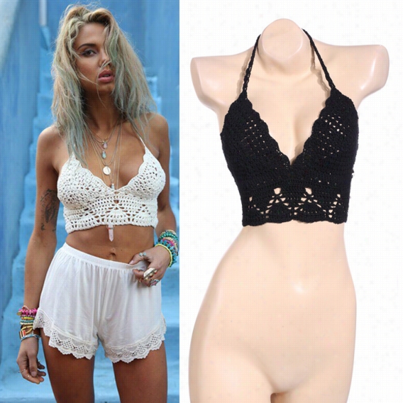 Hot Fashion Women Sexy V-neck Handmade Crochet Knit Halter Lace Up Swimwear Beach Ibkini Crop Tops