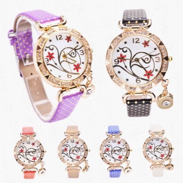 Hot Fashion Women Synthetic Leathe Dot Band Round Quartz Analog Hanging Appendage Ristwathc