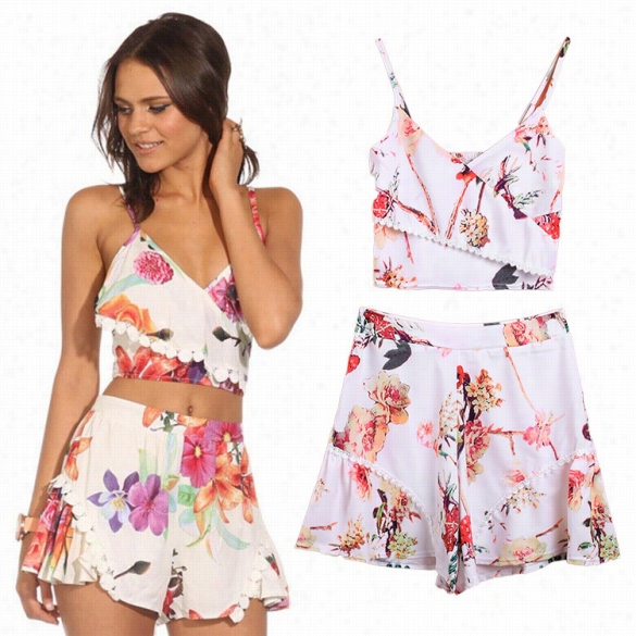 Burning Sale Ladies Wmoen Two Piec Ses Exy V Neck Floral Spaghetti Sgrap Casual Crop Top And Loose Shorts