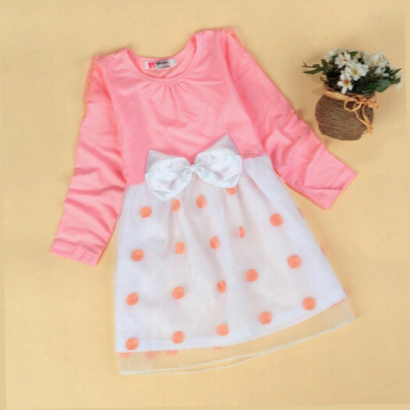 Kids Children Baby Girl Fashion Casual Round Neck Olng Sleeve Organza Patchwork Bow A-line Dress
