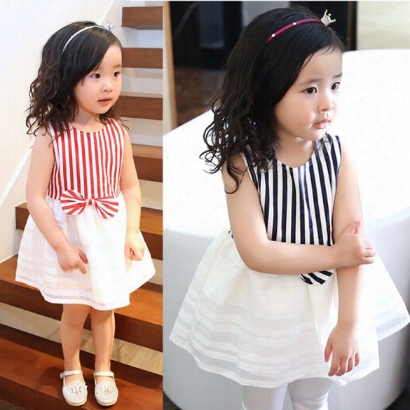 Kids Children Girl Fashion Casual Cute Round Neck Sleeveless Patchwork Stripe Bow A-line Tank Dress