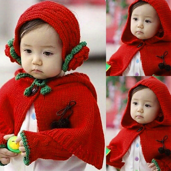 Korean Fashion Baby Girls 3pc Set Weave Knitting Hat Cap Cape Coat Scarf