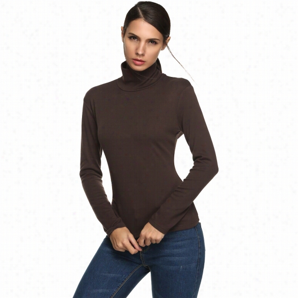 Meaneor Women Fahion Casual Bottoom Basic Turtle Neck  Slim Solid T-shirt Tops