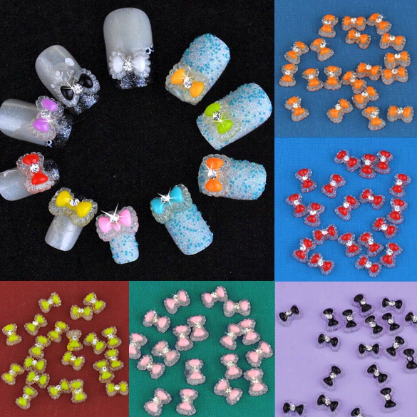 New 20pcs Acr Ylic Cute Bowknot Bo Tie Glitters Gel Uv 3d Nail Art Diy Decoration Tips 12 Color