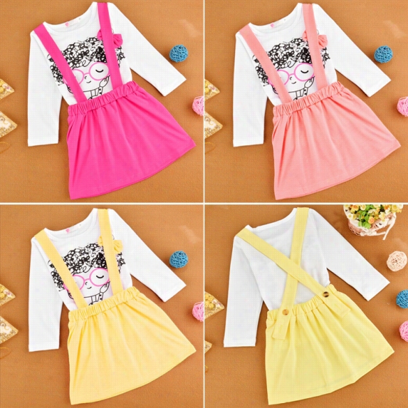 New Baby Girl Kids Casual Pair Pieces Roudn Neck Cartoon Long Sleeve Tops And Strap Sik Rt Set