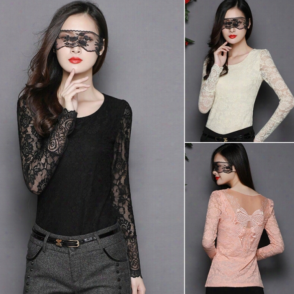 New Casual Long Sleeve Women Lace Blouse Shirts Tops Bow Cloting