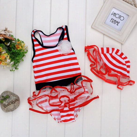 New Children Ikds Girls Wear 2pcs Swimwear Set Red Stripe Cuye Lovely Flouncing One Piece Swimsut By The Side Of Cap