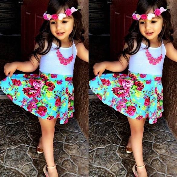 New Chidren Kids G Irl's Wear Sleeveless Tank Tops And Elastic Waist Short Foral Printed Pleated Dress