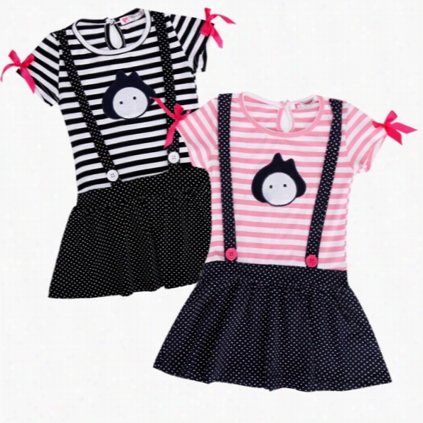 New Cute Kisd Ch Ildren Girl's Short Sleeve Striped Dot Print Dress