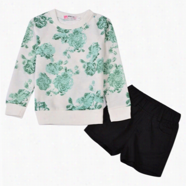 New Cute Kids Girls Two Pieces Floral O-neeck Long Sleeve Hoodie Weat Tops And Solid Shorts Clothing Set