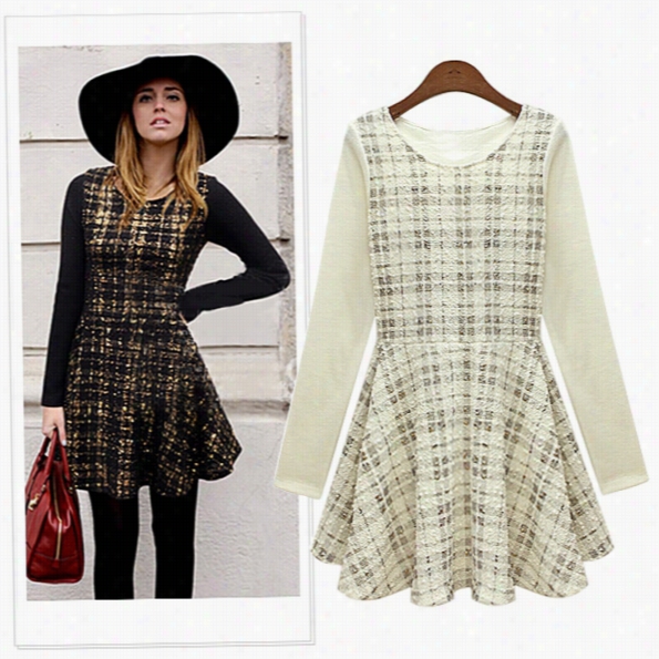 Starting A~ European  Style Stitching Slim Round Neck Ong Sleeved Plaid Dress Btotoming Skirt