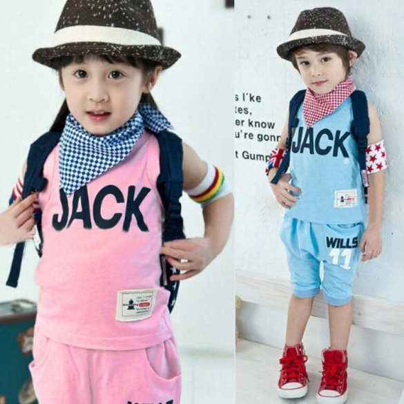 New Fashion Casual Kids Childeen Girl Boy Wear Unisex Two Piece Sletter Pri Nt Tank Tops And Pants Set