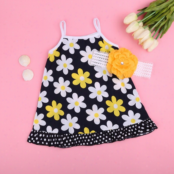 New Fashion Kids Baby Girl Two Pieces Square Collar Sleeveless Flowwer Print Point Ruffle A-line Strap Dresss And Headband Set