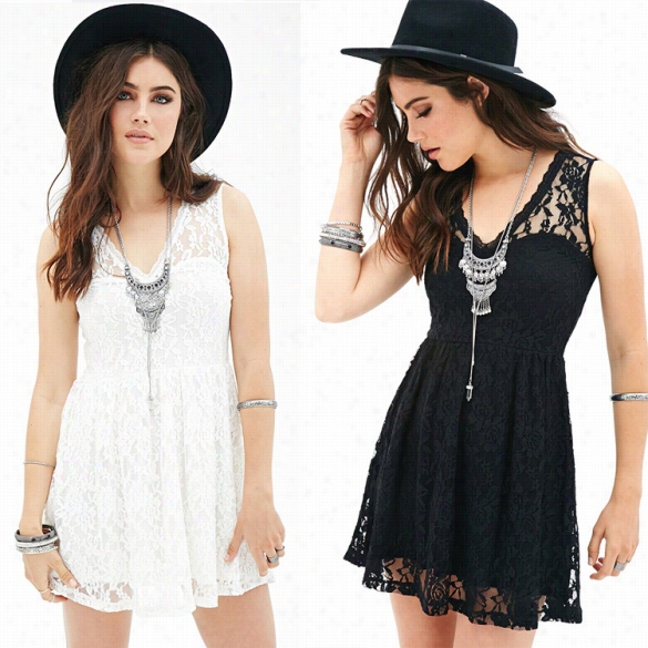 New Fashion Lady Women's Sexy V-neck Sleeveless Party Hollow Out Lace Dress