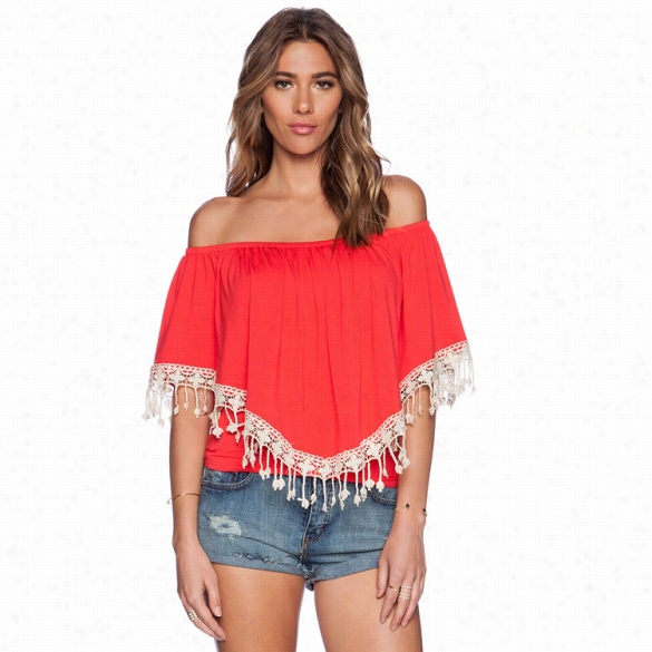 New Fashion Lqdy Women 's Slash Neck Off-shoulder Short Sleeve Tassels Trim Tops