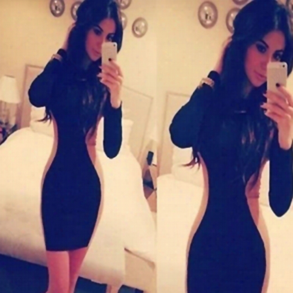 New Fashion Women Bodycon One-step Flap Slim Sheath Splic Ing Color Casual Extended Sleeve Pencil Dress