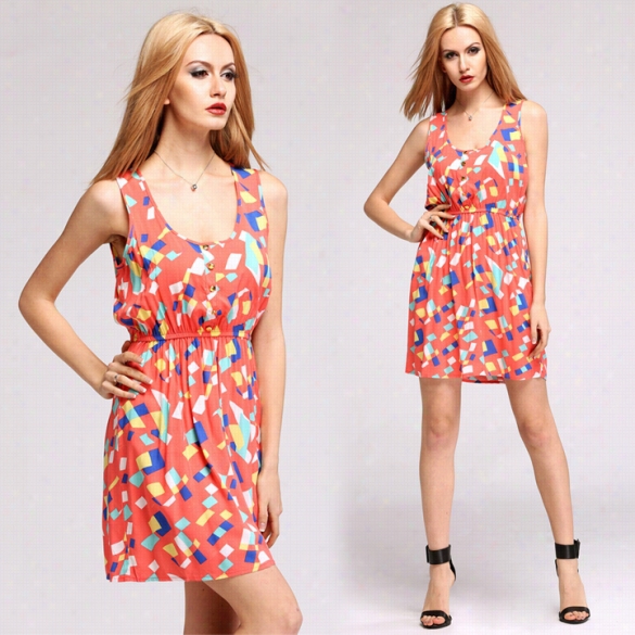 New Fashion Womrn Casual Dress Geometric Print Colorfulp Arty Sundrses