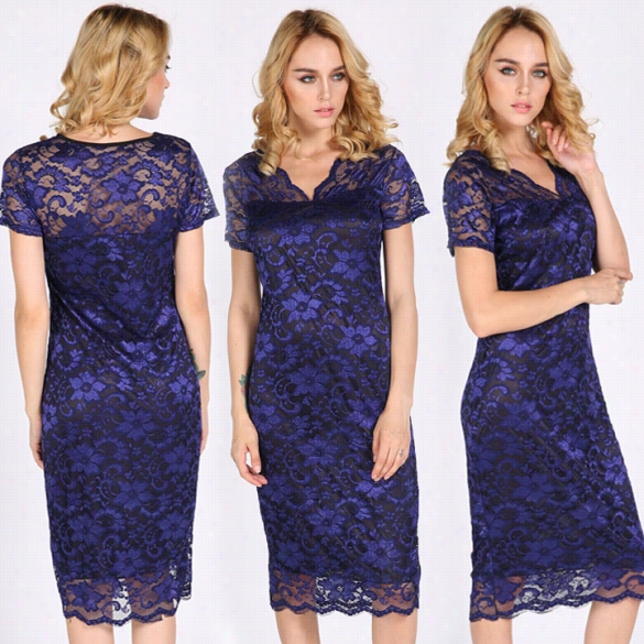 New Fashion Wom En Lady Sexy V-nec Kdresses Embroidered Lac Eknee Length Short Sleeve Dress