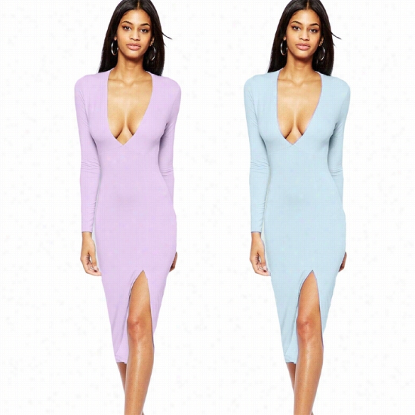 New Fashion Women Sexy Bodycon Ladies V-neck Slid  Split Party Banquet Mmidi Pencil Drses