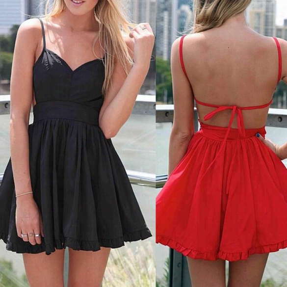 New Fashion Women Sexy V Neck Sleeveless Backless High Waist Ruffle Solid Short Dress