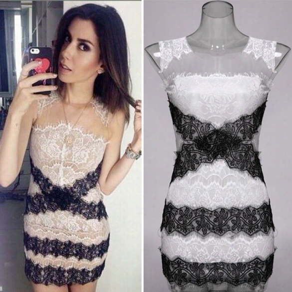 New Fashion Omen's Blavk And Whhite Lace Stitching Sleeveless Mini Dress