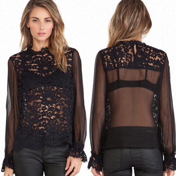 New Fashion Women's Ladies Eleg Ant Long Sleeve Sexy Hollow Out Lace Chiffon Tops Blouse Sh Irt