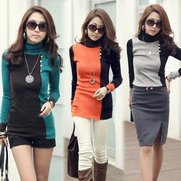 Starting A~ Fashion Women's Slim Button Decoraation Turtle Neck Long Sleeve Bottoking Shirt T-shrt