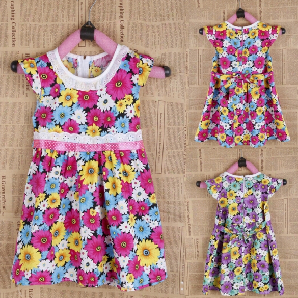 New Girl Kids Cchildren's Wear Cap Sleeve O-neck Ocloorful Flower Printd Cute Lovely Casual Dress