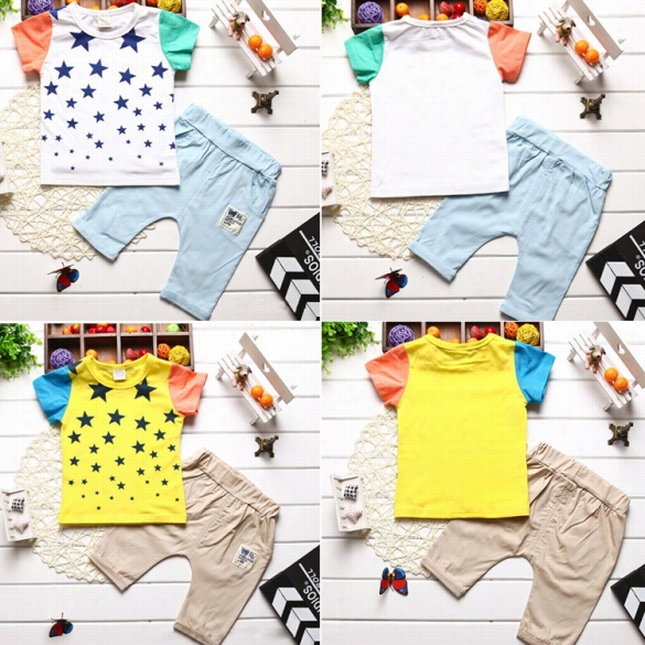 New Kids Boy Wear Two Pieces Short Sl Eeve Star Print T-shirt Tops And Pants  Set