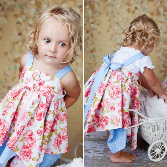 New Kids Girl Wear Round Neck Flowr Print Cap Sleeve Irregular Partty Wedding Dress