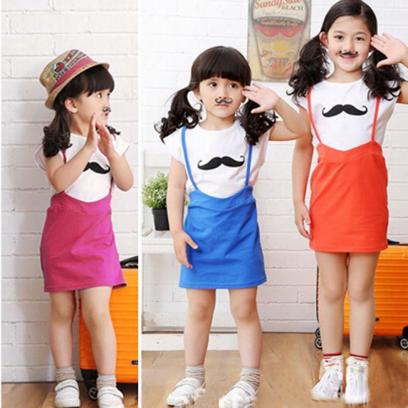 New Kids  Girls Elegant O-neck Deficient Sleeeves Cute Mustache Print Patchwork Casuaal Dress