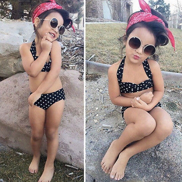 New Kids Girl's Fashion Cut Halter Polka D Ot 2 Piece Swimwear Swimsuit Set