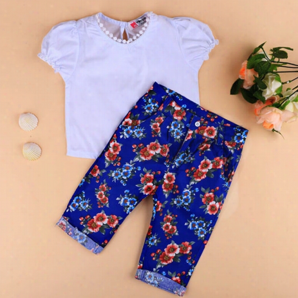 New  Kids Girl's Short Sleeve White T-shirt And Prunted Pants 2pcs Acsual Slim Outfit Sets