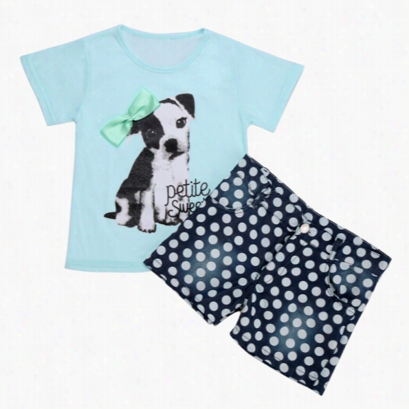 New Kids Girl's Wear Two Pieces Og Newspaper Short Sleeve T-shirt And Polka Dot Shorts