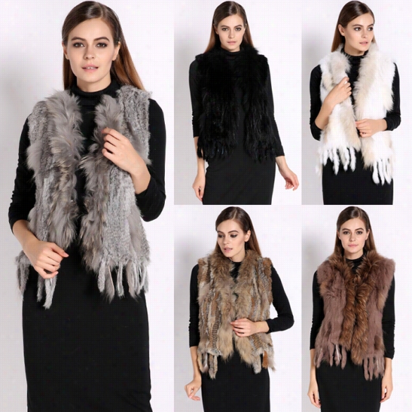 New Knit Rabbit Faux Fur  Vest Gilet With Racccoon Fur Collar Waistcoat Hot