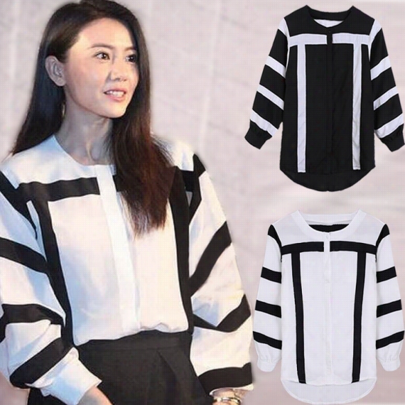 New Lady Women Fashion Long Sleeve O-neck Striped Iregular Loose Chiffon Blouse