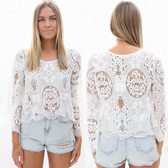 New Lady Women's Sexy Fahsion O-neck Long Sleeve Crochet Hollow Lacking Lace Topblouuse