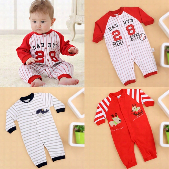 New Newborrn Infant Baby Long Sleeve Cartoon Paatterrn Stripe Romper Jumpsuit