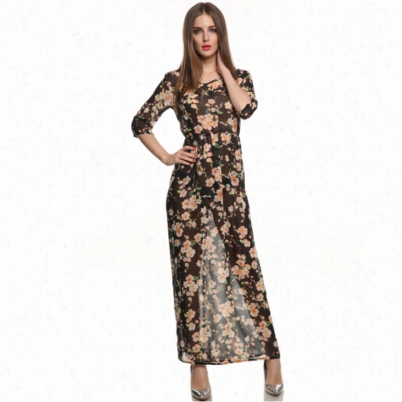 New Stylis Hladies Women Casual Floral Chiffon Half Sleeve V Neck Maxi Long Dress