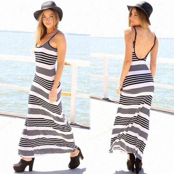 New Stylish Ladies Women Casual Spaghetti Bind  Striped Backless Sexy Maxi Dress