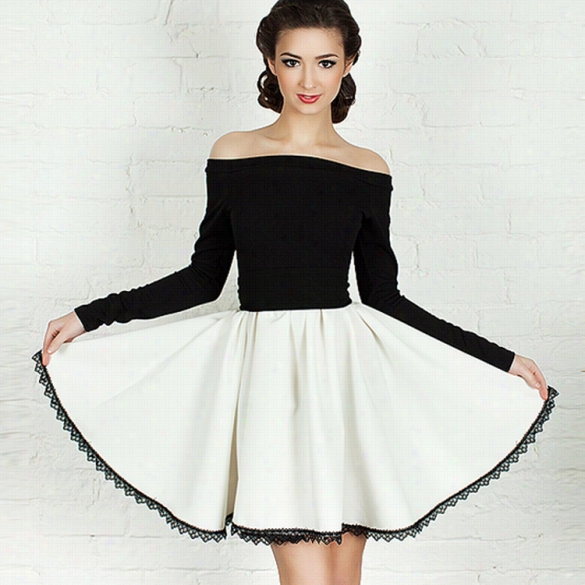 New Stylish Lady Women's Fashion Sexy Off Shoulder Patchwork A-line Dress