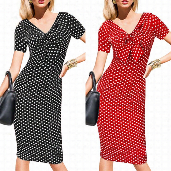 New Stylish Lady Women's Vintage  Style V-neck Short Sleeve Casual Business Dress