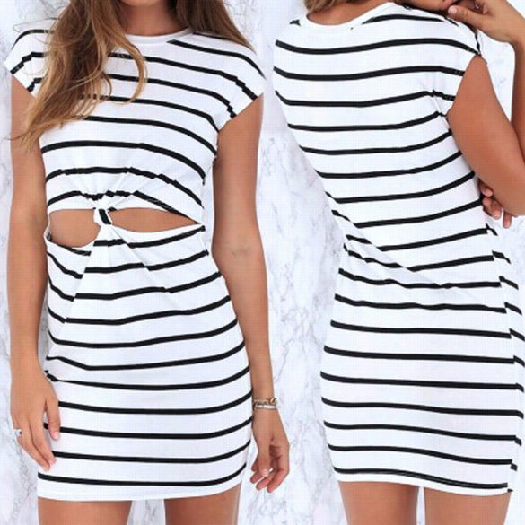 New Stylish Women's Short Sleeve Str Iped Sexy Front Hollow Out Elastic Casual Slim Mini Dress